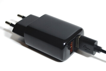 charger with two USB ports, one of which has a USB plug plugged in, on a white background