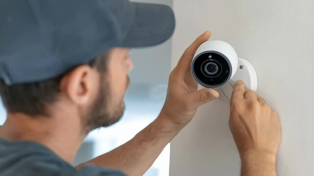 Technician installing a sleek security camera on an indoor wall optimizing home surveillance with advanced motion detection features.