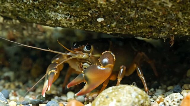 A crayfish cautiously emerging from under a flat stone in the shallow stream, macro detail on its carapace.