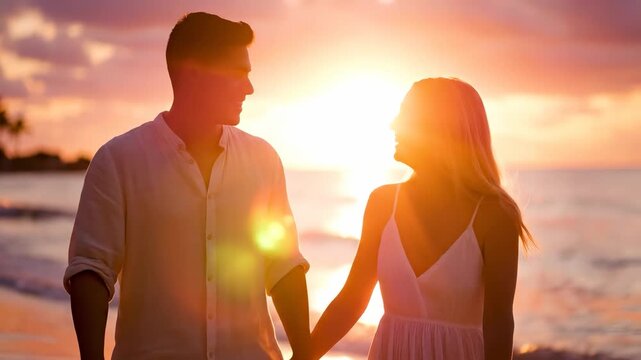 A man and a woman walk hand in hand along the shore during sunset, with the ocean waves gently lapping at their feet. The warm colors of the sunset create a romantic atmosphere for the couple.