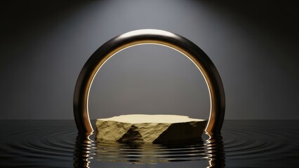 Luxury Gold Stone Pedestal in Water with Arched Frame and Spotlight Modern Product Showcase Background