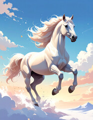 A white horse galloping through the cloudy sky　大空の雲の世界を駆ける白馬