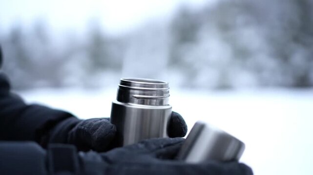 Person holding thermos in winter landscape.