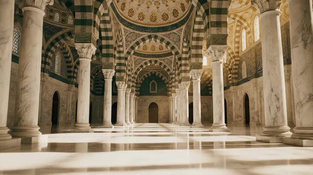 Interior of a large mosque with marble columns and ornate decorations 4k video
