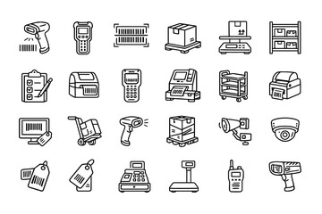Barcode and warehouse icons: scanners, labels, packages, and storage solutions