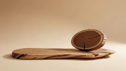 Natural Wood Slice and Board Podium for Eco Friendly Product Showcase on Minimalist Beige Background