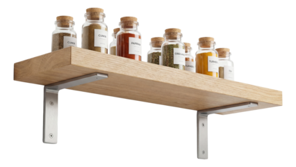 Wall-mounted shelf with metal supports, ideal for organizing spice jars in small kitchens.