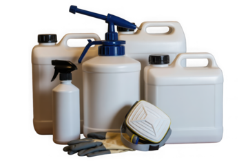 Cleaning and disinfection tools kit, isolated on white background. Protective respirator mask, manual pump nebulizer and jerry can to destroy bacteria housekeeping and pesticides for gardening Plants.