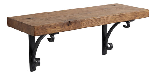 Charming wooden kitchen shelf with iron accents, ideal for a rustic farmhouse look.