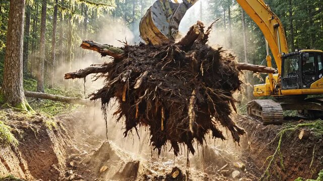 Excavator removing tree stump and roots in forest clearing with heavy machinery 4k video