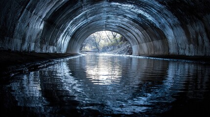 Naklejka premium culvert. Stream flowing through a concrete culvert creates a perfect mirror reflection on water. ESG reports, sustainability campaigns, designed for environmental awareness campaigns.