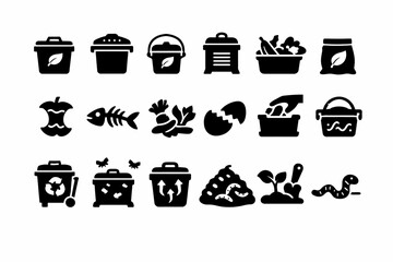 Black composting icons set illustrating waste management and recycling techniques