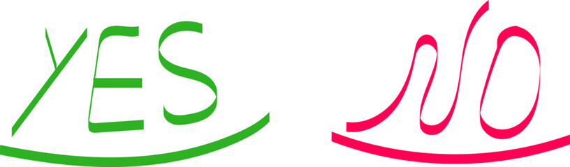 Handwritten green yes and red no words with underlines, hand-drawn calligraphy icons for choice, decision, voting, and feedback on white background