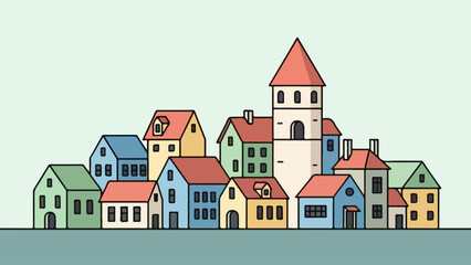 Naklejka premium Charming illustration of a colorful village with diverse buildings and a central church tower, depicting a serene community scene