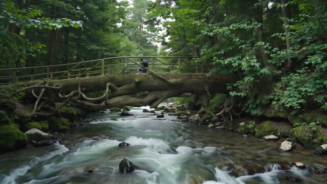 A massive, fallen ancient tree forms a natural bridge over a rushing stream, its roots exposed on the far bank.