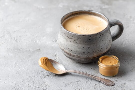 Tahini latte on stone countertop with spoon
