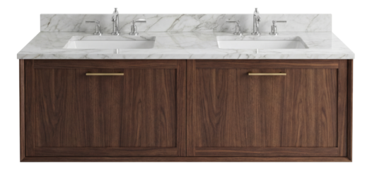 Double-sink vanity with marble top and dual cabinets, perfect for a spacious master bath.