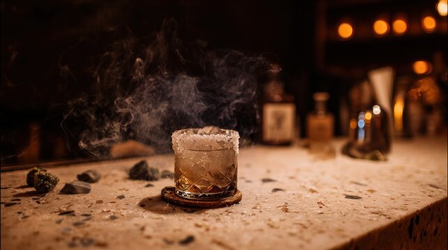 mezcal. Smoky bar counter with a glass of mezcal and salt rim. bar promotions, beverage menus, designed for product packaging and bar promotions, used by biotech researchers.