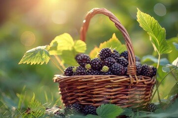 Ripe blackberries spilling from a wicker basket, bathed in golden sunlight, evoke the essence of summer harvest