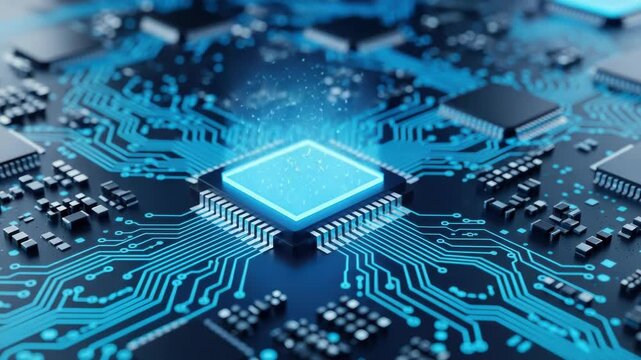 Closeup of a blue glowing microchip on a circuit board with various electronic components