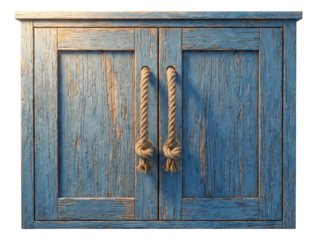 Nautical-themed vanity unit with rope handles and a weathered blue finish, ideal for