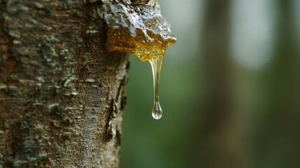 secretion. Thick resin dripping from a tree trunk, viscous texture in natural lighting. wildlife magazines, conservation campaigns, designed for nature documentaries and education.