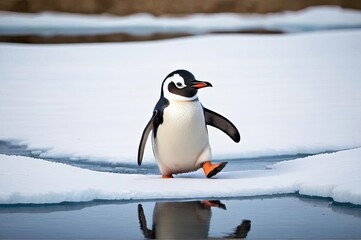 Obraz premium Gentoo penguin walking on ice in a polar setting, showcasing natural behavior in its habitat during daylight