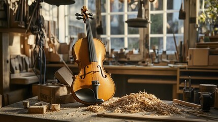 entitling. Unfinished violin on a workbench surrounded by wood shavings, warm wood tones and traditional craftsmanship. safety posters.