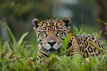 Obraz premium Powerful jaguar resting in the undergrowth of the amazon rainforest, a symbol of wildlife and biodiversity
