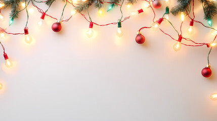 Celebration background with holiday warm lights string christmas bulb garland decoration card festive banner on a white background. party season design illustration. Christmas or birthday concept