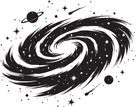 A silhouette of galaxy swirl, deep space theme, vector style