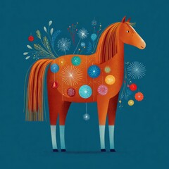 Colorful, whimsical illustration of a brown horse surrounded by vibrant flowers, plants, and abstract shapes on a deep blue background.