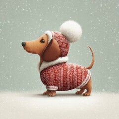 Cute dachshund dog standing in the snow, wearing a red winter sweater and a matching hat with a fluffy pompom, against a softly falling snow background