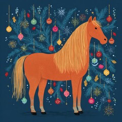 Colorful, whimsical illustration of a brown horse surrounded by vibrant flowers, plants, and abstract shapes on a deep blue background.