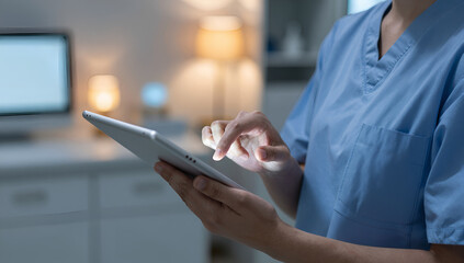 Healthcare professional using digital tablet for medical data