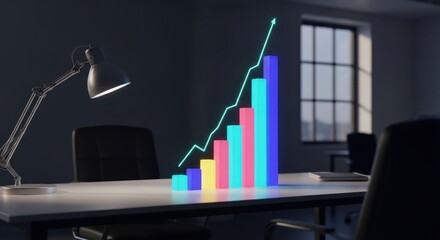 Colorful graph rises on a desk in a modern office