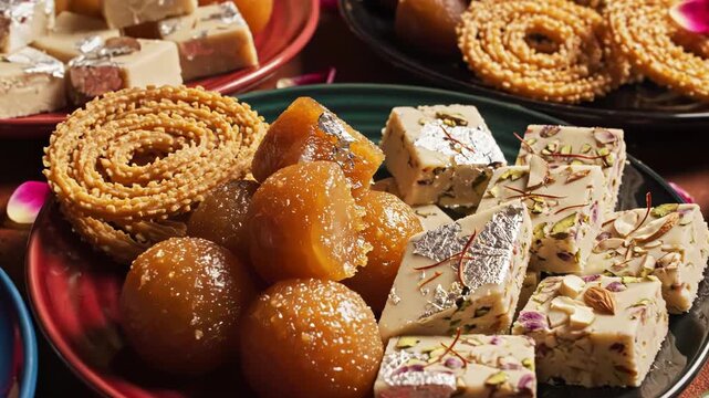 Assorted indian sweets on colorful plates with flower petals around 4k video