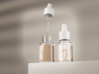 Glass dropper serum bottles with amber liquid, studio product shot. Serum Bottles Mockup