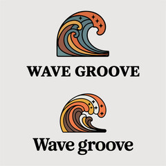 Obraz premium Wave Groove retro surf wave logos with stars and curling crest, sunny seaside vibe, vintage beach emblem vector for apparel, stickers and summer events