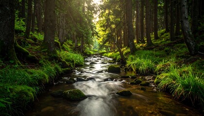 Obraz premium Sunlight filters through tall trees, illuminating a stream flowing through a lush green forest with rocks and moss