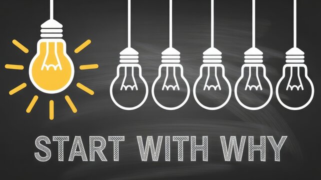 Start with why concept illustrated by one glowing yellow light bulb among unlit white ones on chalkboard