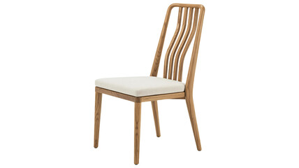 Fototapeta premium A light brown wooden chair with white cushioned seat and curved backrest on white background