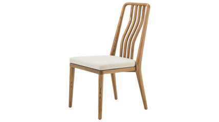 A light brown wooden chair with white cushioned seat and curved backrest on white background