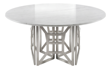 A round marble dining table with a sculptural metal base, perfect for an elegant penthouse.