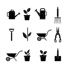 Garden Tools: A collection of various garden tools, essential for nurturing a thriving garden. Depicted are a watering can, potted plant, rake, hand trowel, hoe, wheelbarrow and more.