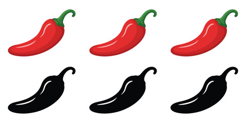 hot chili pepper icons in red and black silhouette styles, featuring vector illustrations