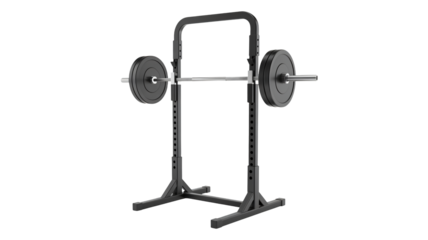 A squat rack with a barbell and weights on a white background for strength training and weightlifting exercises in a gym or home workout setting with fitness equipment