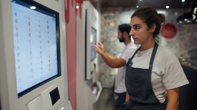 User interacts with a kiosk touchscreen while a technician performs diagnostics to resolve inconsistent touch sensitivity problems.