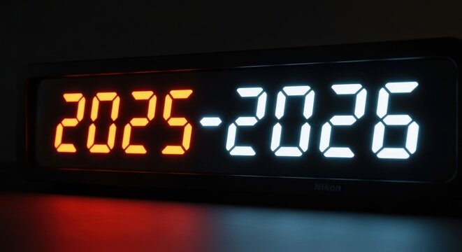 Digital clock displaying 2025-2026, with red and white LEDs - Powered by Adobe
