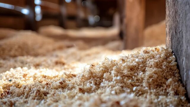 Medium shot of wood shavings being scattered on the floor showcasing clean and absorbent bedding for small livestock.